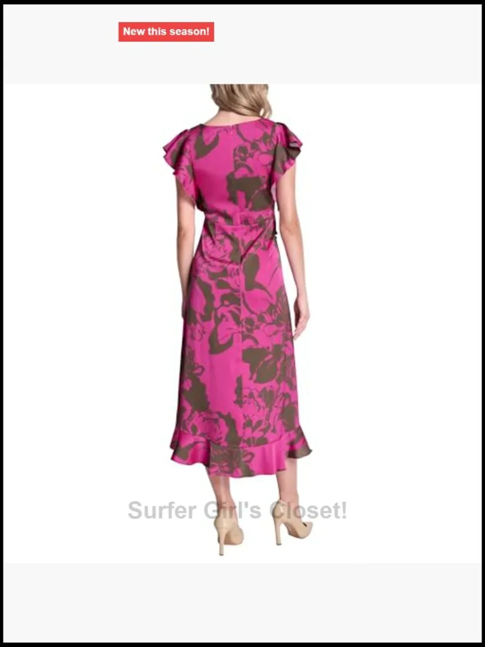 DKNY Ruffle Cap Sleeve Surplice Neck Fit and Flare Midi Dress